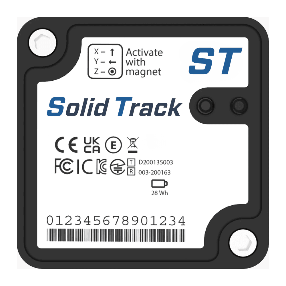 The SolidTrack Field Unit, a sealed 68 × 68 × 25 mm tracking device