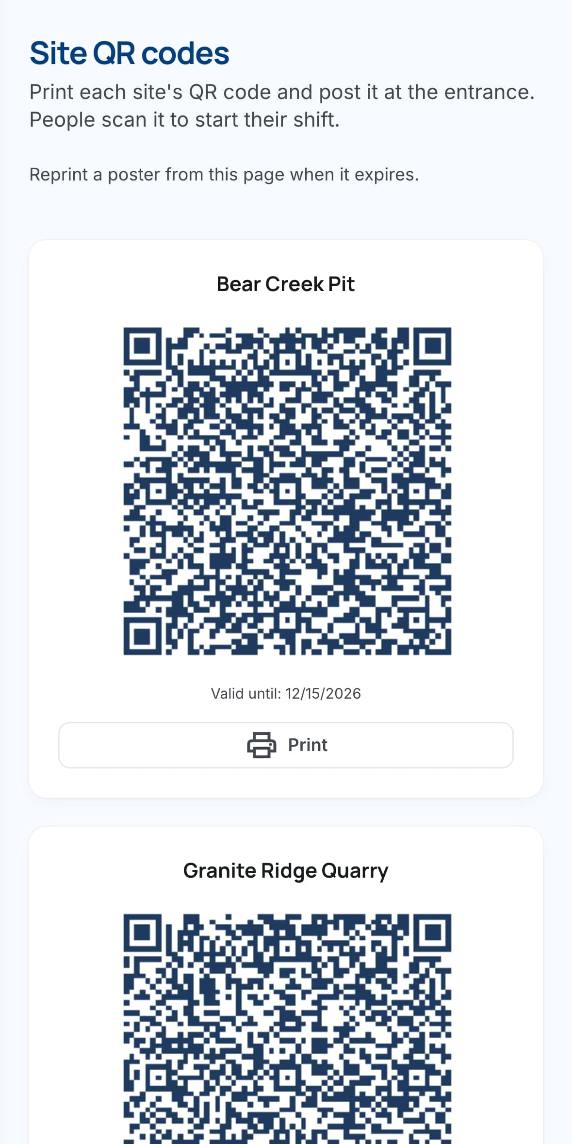 Site QR codes that operators scan to check in