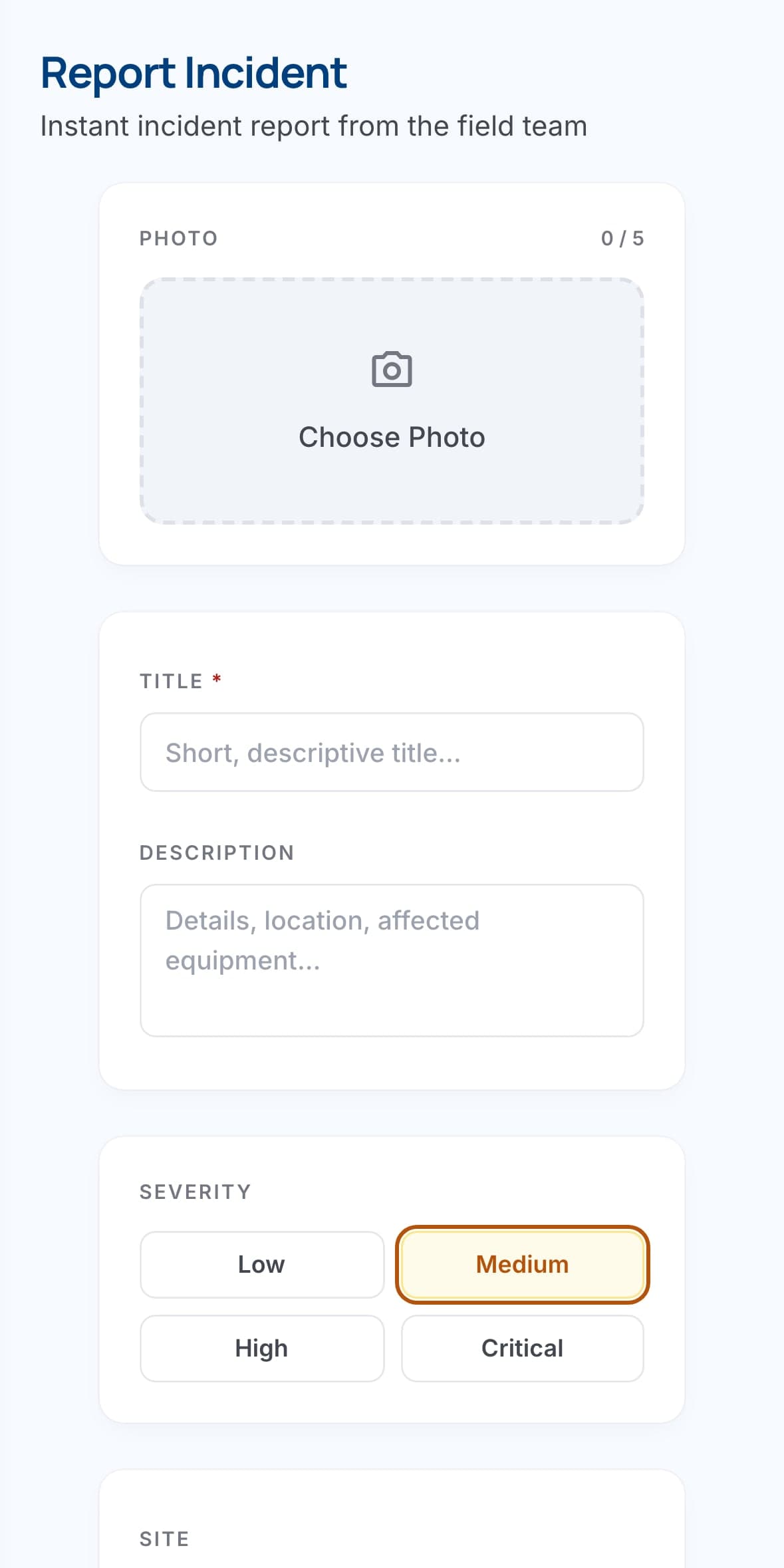 Incident report screen with a photo field, description and severity selector
