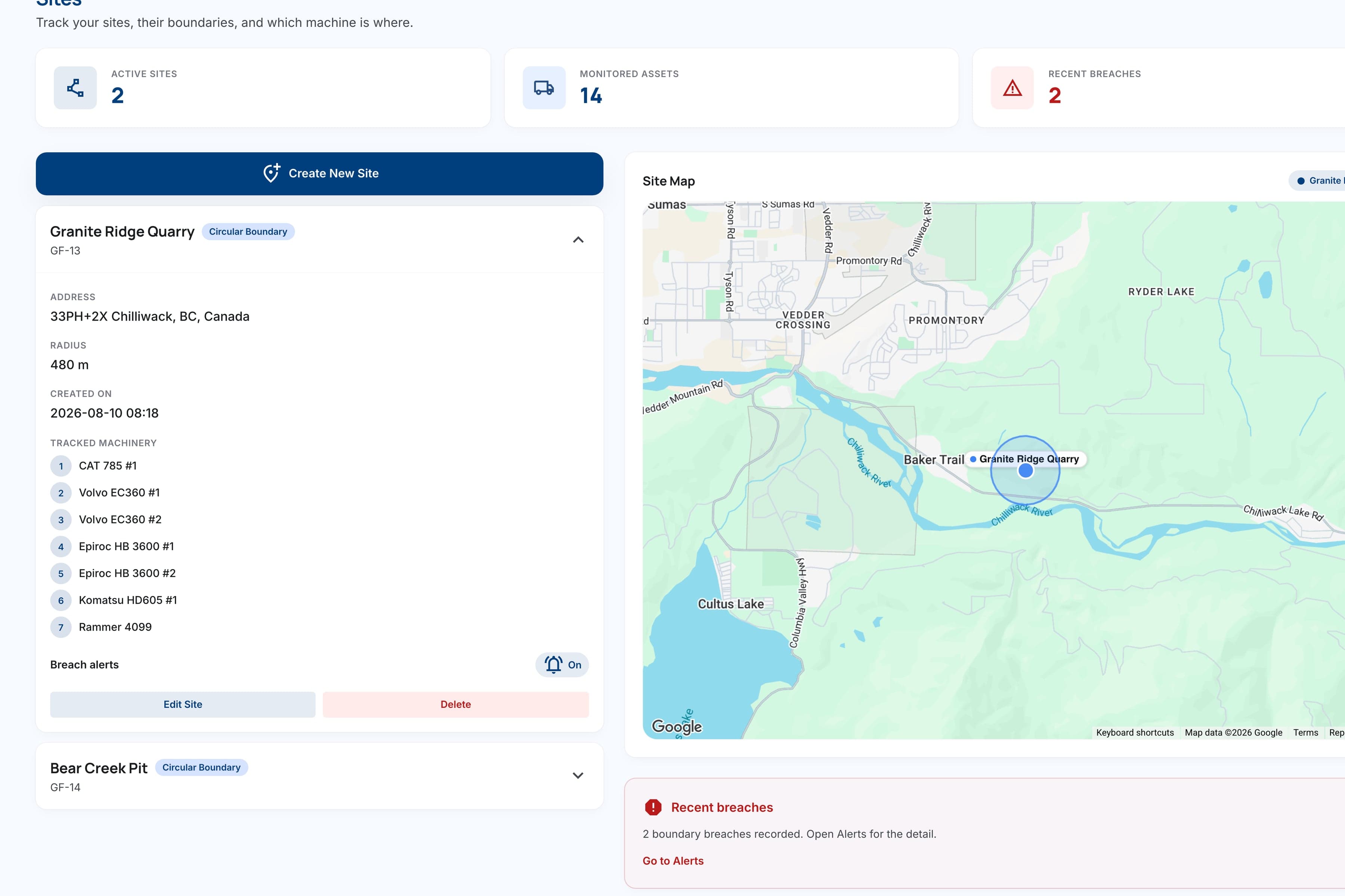 Sites and geofences: zone list with the active boundary drawn on the map