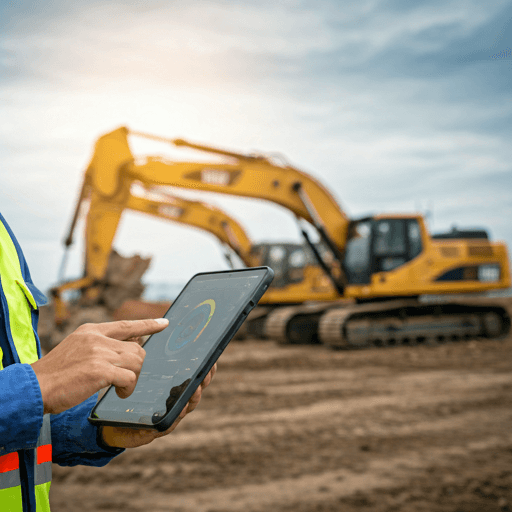 Field supervisor reviewing fleet coordination on a tablet at an active jobsite