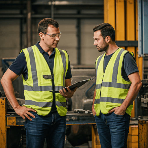 Technician reviewing equipment status next to heavy machinery