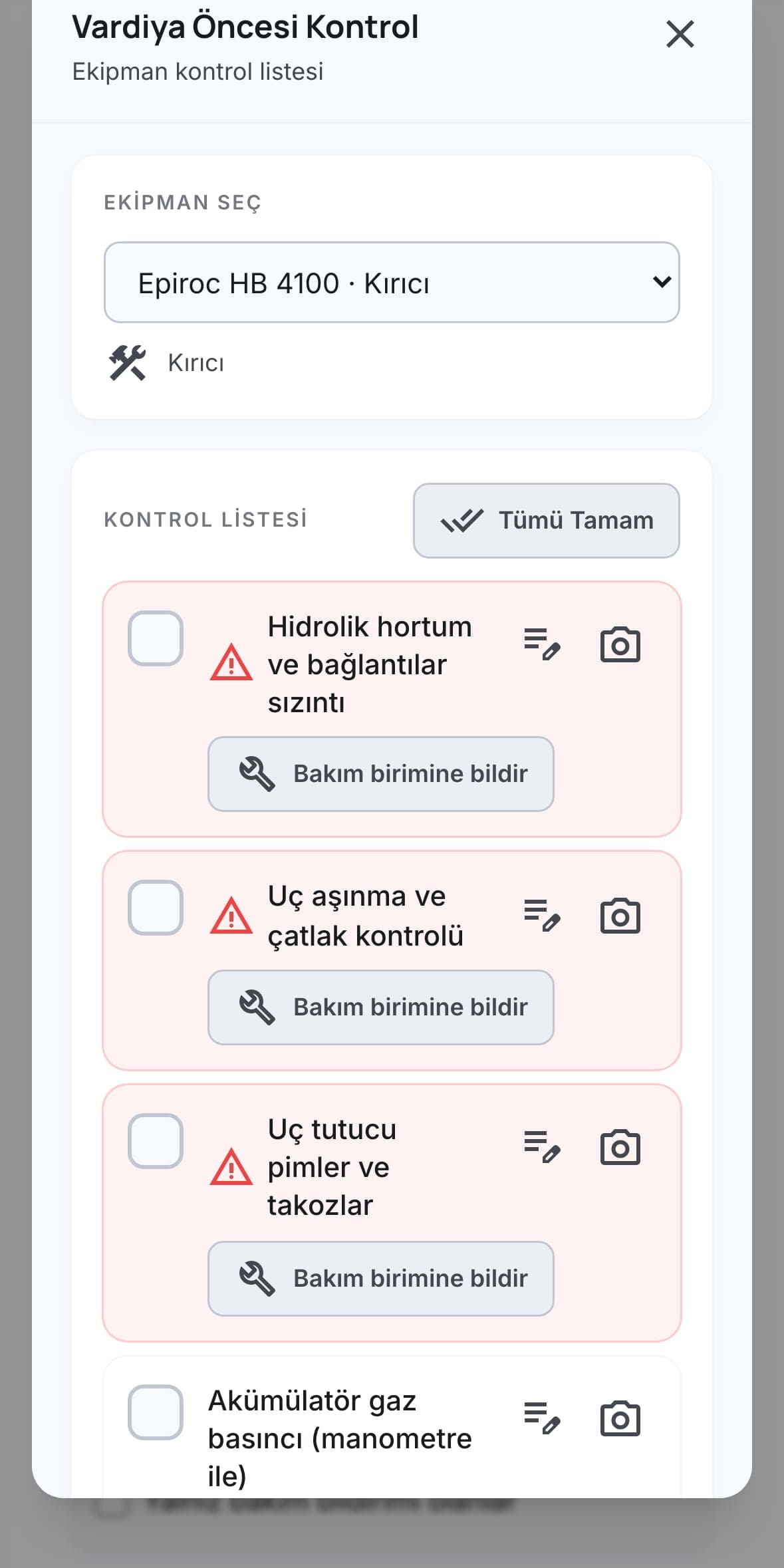 Her maddede kamera ve bakıma bildirme seçeneği bulunan kırıcı vardiya öncesi kontrol listesi