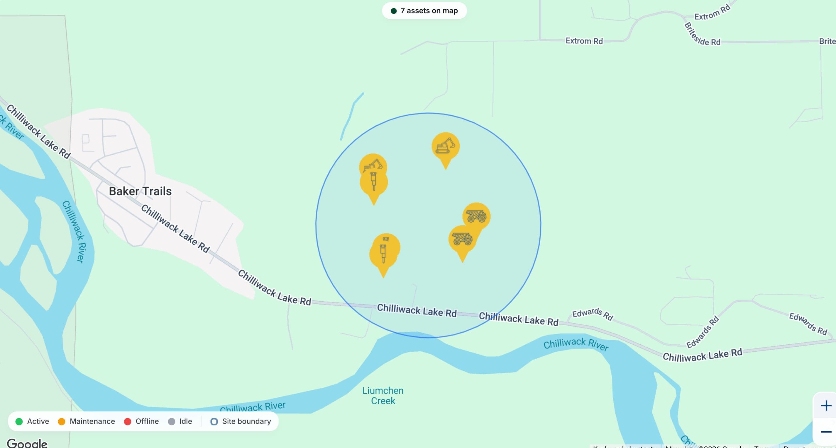 Live map zoomed to one site: the boundary and the assets inside it